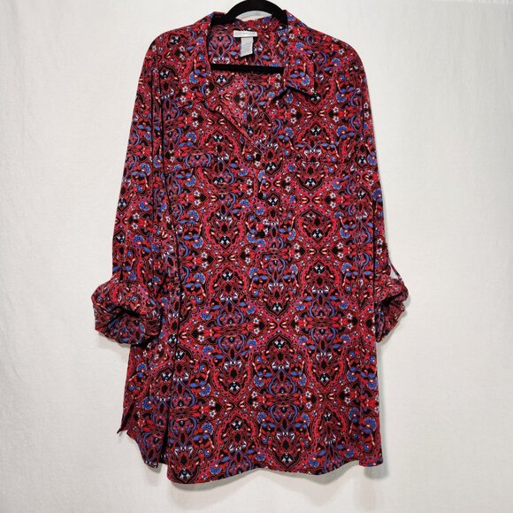 CATHERINES Preppy Multicolor Floral Roll Tab Shirt Tunic Top Size 4X New No Tag! - Picture 4 of 16
